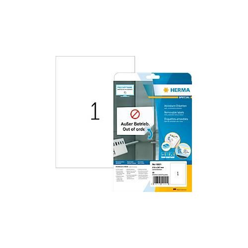 Herma Etiketten Nr. 10021, 210 x 297 mm, ablösbar, selbstklebend, sichere Haftung, Papier, weiß, 25 Stück