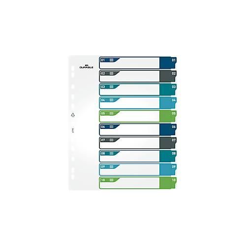 Register Durable, 10-teilig, DIN A4+, Indexblatt, EDV-beschriftbares Register, mit farbigen Taben