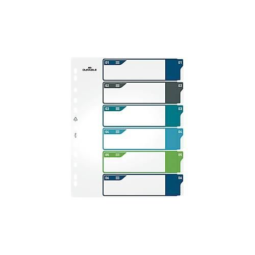 Register Durable, 6-teilig, DIN A4+, Indexblatt, EDV-beschriftbares Register, mit farbigen Taben