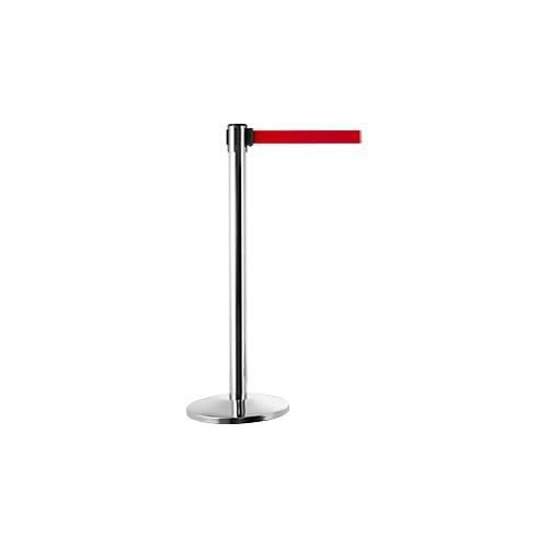 Absperrpfosten, chromsilber, Gurtband rot, ausziehbar bis 2 m, selbstaufrollend, mit Bremse, Ø 360 x H 1040 mm, Metall verchromt