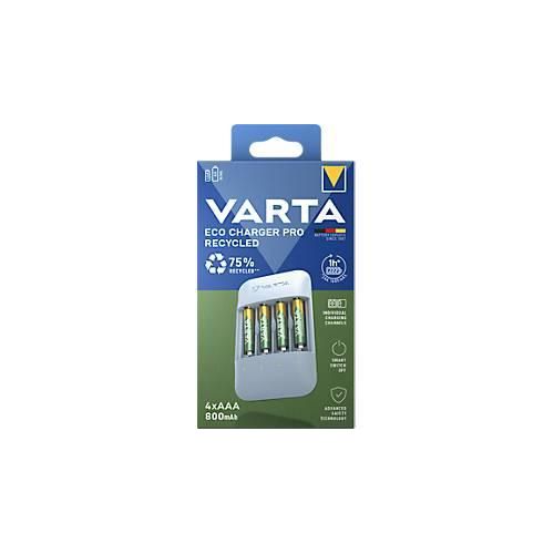 VARTA Akku Ladegerät Eco Charger Pro Recycled, aus 75% Recyclingmaterial, inkl. USB-Typ-C Ladekabel und 4x AAA 800 mAh NiMH Akkus