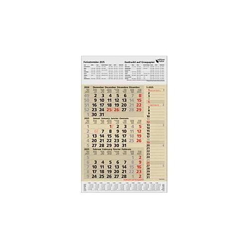 Monatsplaner Korsch edition natur Combi 2025, 3 Monate je Seite, Kalendarium in D/GB/FR/IT, Seitentimer, Datumsschieber, B 300 x H 478 mm, Graspapier