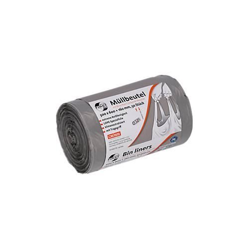 Deiss FIRST PLUS Müllbeutel, mit Tragegriff, LDPE, 14 µm, grau, B 500 x H 760 mm, 30 Liter, 1000 Stück