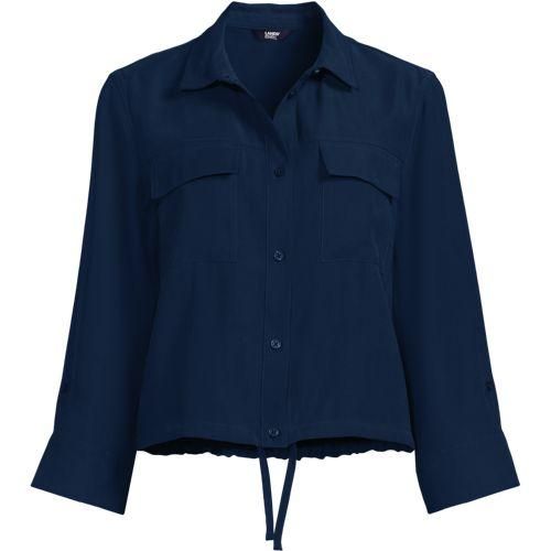 Verkürztes Twillhemd mit Kordelzug, Damen, Blau, Polyester/Viskose, by Lands' End