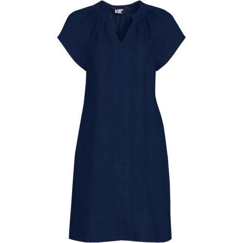 Leinenkleid mit Smok-Ausschnitt, Damen,  Blau, Leinen, by Lands' End