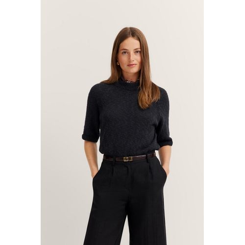 Rundhalspullover BUGATTI, Damen, Gr. L, 290, schwarz, 59% Baumwolle, 41% Leinen, unifarben, casual, normal, Rundhals, 3/4-Ärmel Rippbündchen, Pullover, aus Baumwoll-Leinen-Mischung