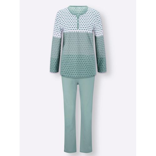 Schlafanzug WÄSCHEPUR, Damen, Gr. 44/46, grün (ecru, kalkmint), 100% Baumwolle, Langarm, Homewear-Sets