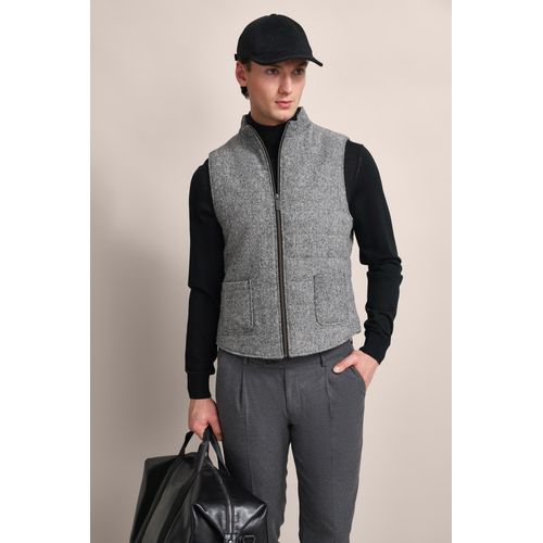 Kurzweste BUGATTI, Herren, Gr. 56, grau (dunkelgrau), 50% Wolle, 30% Polyester, 20% Baumwolle, unifarben, casual, regular fit, ohne Ausschnitt, Westen, mit tonalem Fischgratmuster