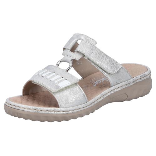 Pantolette RIEKER, Damen, Gr. 42, bunt (silberfarben, weiß), Lederimitat, metallic, klassisch, Schuhe, Sommerschuh, Strandschuh mit regulierbaren Klettverschlüssen