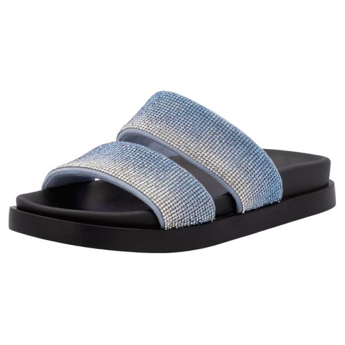 Pantolette RIEKER SPORT, Damen, Gr. 43, jeansblau kombiniert, Textil, casual, Schuhe, Sommerschuh, Strandschuh, Schlappen, Poolslides im Glitzer-Look
