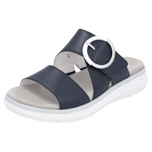 Pantolette REMONTE, Damen, Gr. 44, blau (nachtblau), Leder, unifarben, casual, Schuhe, Keilabsatz, Sommerschuh, Bequemschuh mit Klettverschluss