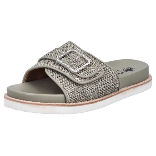 Pantolette RIEKER, Damen, Gr. 43, grün (schilfgrün), Lederimitat, Flechtoptik, casual, Schuhe, Sommerschuh, Strandschuh mit praktischem Klettverschluss