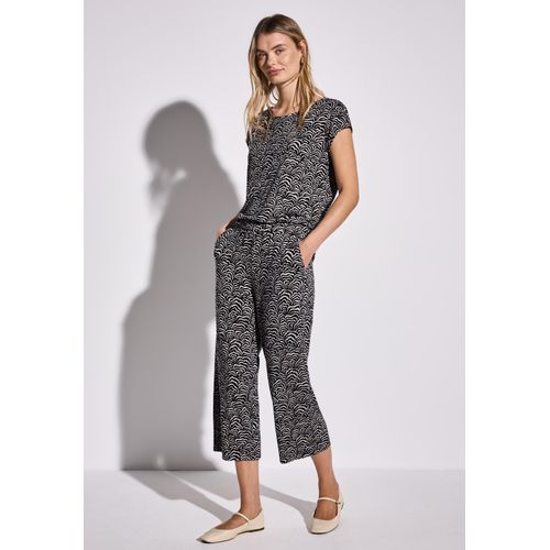 Overall STREET ONE, Damen, Gr. 42, EURO-Größen, blau (tiefblau), Stoff, 95% Viskose, 5% Elasthan, bedruckt, casual, gerade, Rundhals, Kurzarm Bündchen, Overalls