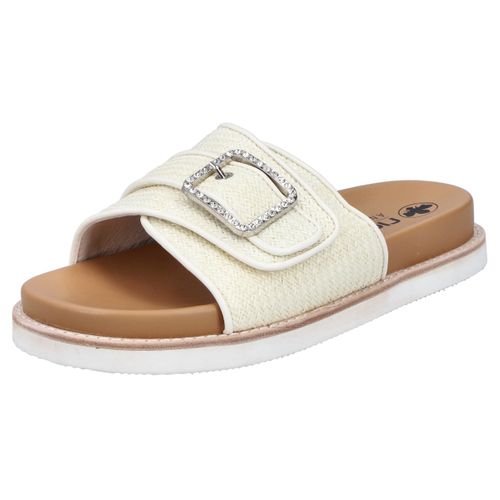 Pantolette RIEKER, Damen, Gr. 41, weiß (sanftes weiß), Textil, Flechtoptik, casual, Schuhe, Sommerschuh, Strandschuh mit praktischem Klettverschluss
