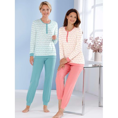 Schlafanzug WÄSCHEPUR, Damen, Gr. 40/42, bunt (ozean, flamingo), 100% Baumwolle, Homewear-Sets