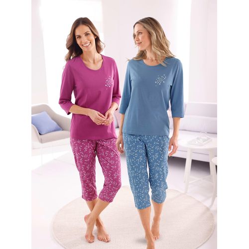 Schlafanzug WÄSCHEPUR, Damen, Gr. 44/46, bunt (mittelblau, ecru, erika, ecru), 100% Baumwolle, Homewear-Sets