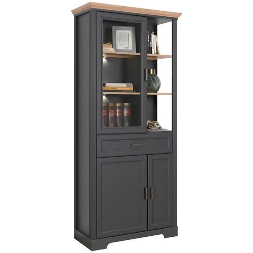 Hom`in Vitrine , Eiche Artisan , Metall , 6 Fächer , 1 Schubladen , 93x204x42 cm , Wohnzimmer, Wohnwände, Vitrinenschränke