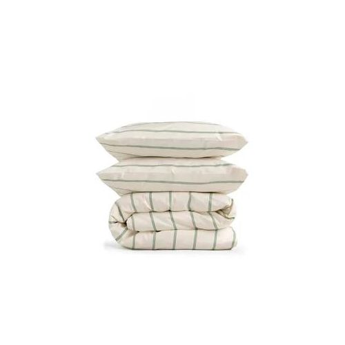 Baumwolle Bettwäsche-Set - Creme + Olivgrün Streifen / Perkal