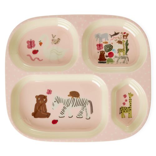 RICE Melamin Kinderteller mit 4 Einteilungen Wildlife Print, L:2 cm, B:24 cm, H:21 cm, Pink