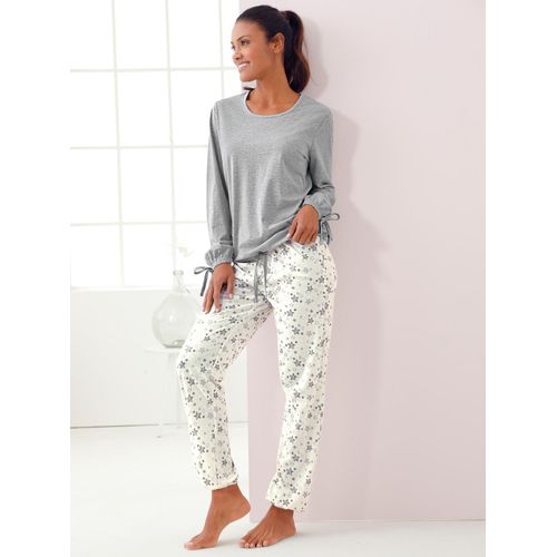Schlafanzug WÄSCHEPUR, Damen, Gr. 44/46, beige (ecru, bedruckt), 93% Baumwolle, 7% Polyester, Hose:50% Baumwolle, 50% Modal, Langarm, Homewear-Sets