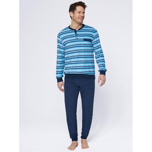 Schlafanzug KINGS CLUB, Herren, Gr. 44/46, blau (blau, gestreift), 80% Baumwolle, 20% Polyester, Langarm, Homewear-Sets