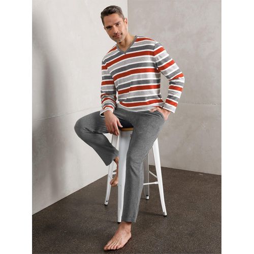 Schlafanzug WÄSCHEPUR, Herren, Gr. 52/54, rot (rostrot, anthrazit, gestreift), 80% Baumwolle, 20% Polyester, Homewear-Sets