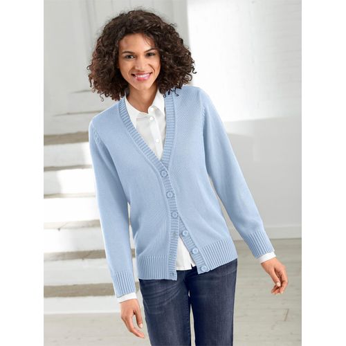Strickjacke CASUAL LOOKS, Damen, Gr. 52, blau (eisblau), 50% Baumwolle, 50% Polyacryl, unifarben, figurumspielend, Strickjacken