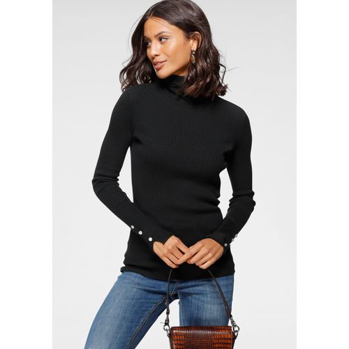 Rollkragenpullover LAURA SCOTT, Damen, Gr. 34, schwarz (schwarz (aus nachhaltigem material)), Rippstrick, Obermaterial: 70% Viskose, 30% Polyamid, unifarben, clean, feminin, figurbetont hüftbedeckend, hoch geschlossener Ausschnitt, Langarm, Pullover, mit Wellenkante am Rollkragen