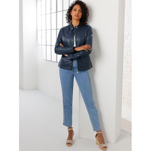 Lederjacke CREATION L PREMIUM, Damen, Gr. 46, blau (dunkelblau), 100% Lammnappaleder, unifarben, Langarm, Jacken