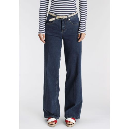 Weite Jeans DELMAO, Damen, Gr. 38, N-Gr, d blau used, Denim/Jeans, Obermaterial: 74% Baumwolle, 24% Polyester, 2% Elasthan, kontrastfarbene Details, bestickt, Basic, bequem lang, Jeans, bequeme Passform, normale Leibhöhe, mit kontrastfarbenen Details