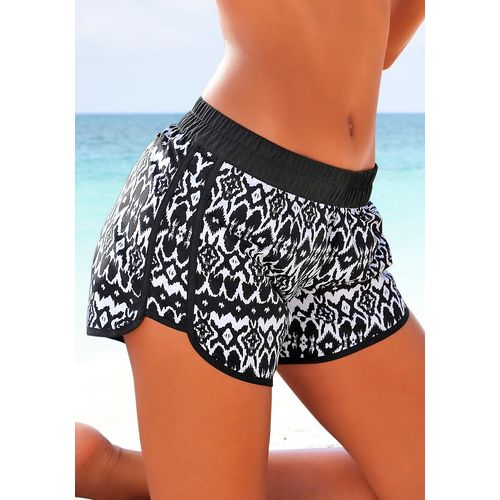 Badeshorts LASCANA, Damen, Gr. 42, N-Gr, schwarz (schwarz, bedruckt), Microfaser, Polyester, bedruckt, Badehosen, im kontrastreichen Alloverprint