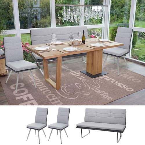 Set 2x Esszimmerstuhl+Sitzbank MCW-G54, Bank Küchenstuhl Stuhl, Stoff/Kunstleder Edelstahl ~ grau Bank 160cm