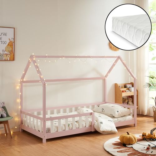 Hausbett ‘Hesel’ für Kinder mit Matratze Rausfallschutz Lattenrost 90 x 200 cm Rosa