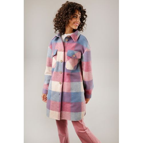 Fleecejacke ANISTON CASUAL, Damen, Gr. 32/34, bunt (beere, blau, lila, rosa, hellblau, sand), Fleece, Web, Obermaterial: 100% Polyester, kariert, gemustert, modisch, lässig geschnitten kniefrei, Langarm 1-Knopf-Manschette, Jacken, in 2 unterschiedlichen Karo-Dessins