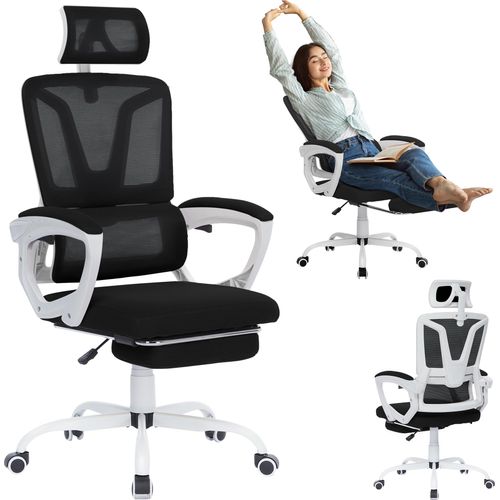 UISEBRT Schreibtischstuhl Drehstuhl mit Liegfunktion und Fußpolster, Ergonomischer Bürostuhl für Büro, Homeoffice, Schwarz, Max. 150kg Tragfähigkeit, Höhenverstellbar