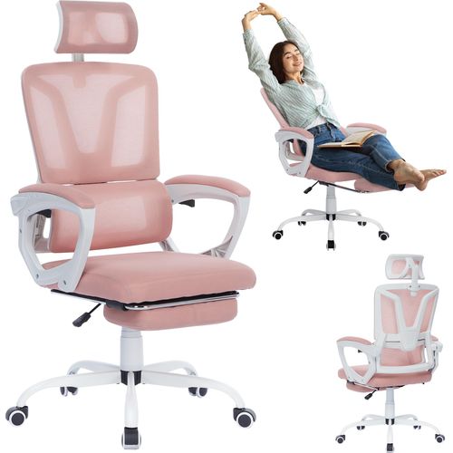 UISEBRT Schreibtischstuhl Drehstuhl mit Liegfunktion und Fußpolster, Ergonomischer Bürostuhl für Büro, Homeoffice, Rosa, Max. 150kg Tragfähigkeit, Höhenverstellbar