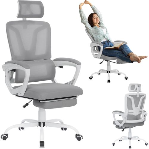 UISEBRT Schreibtischstuhl Drehstuhl mit Liegfunktion und Fußpolster, Ergonomischer Bürostuhl für Büro, Homeoffice, Grau, Max. 150kg Tragfähigkeit, Höhenverstellbar