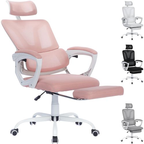 LARS360 Ergonomischer Bürostuhl mit Liegfunktion und Fußpolster, Drehstuhl für Schreibtisch, Chefsessel Rosa, Max. 150kg Belastung