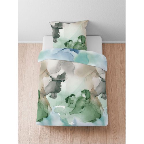 Bettwäsche BIBERNA Gr. 3, blau (blau, grün), B/L: 155cm x 220cm, Mako-Satin, B/L: 80cm x 80cm, Mako-Satin, 100% Baumwolle, Bettwäsche