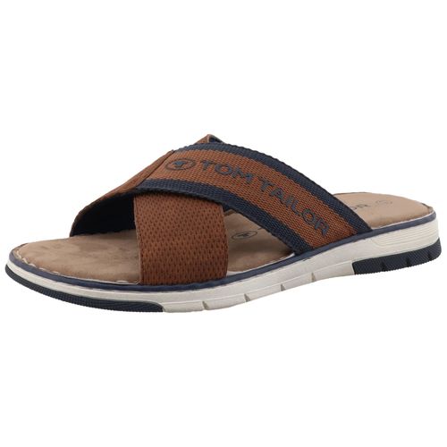 Pantolette TOM TAILOR, Herren, Gr. 40, braun, Lederimitat, Textil, casual, Schuhe, Sommerschuh, Schlupfschuh, Bequemschuh mit plakativem Logoschriftzug