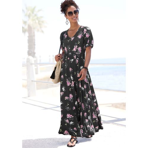 Maxikleid VIVANCE, Damen, Gr. 34, N-Gr, schwarz, mauve bedruckt, Jersey, Obermaterial: 100% Viskose, bedruckt, geblümt, modisch, figurumspielend knöchelfrei, V-Ausschnitt, Kurzarm mit innenliegendem Gummizug, Kleider, Topseller