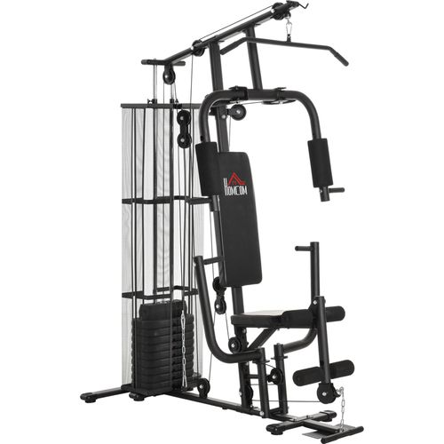 HOMCOM Gym Kraftstation mit Stahlnetz Fitnessstation Multigym Fitnesscenter Fitnessgerät inkl. 45 kg Gewichten Latzug Beincurl Metall Kunstleder 150 x
