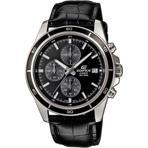 Chronograph CASIO EDIFICE, schwarz (schwarz, schwarz), Armbanduhren, Herren, Quarzuhr, Armbanduhr, Herrenuhr, Stoppfunktion, Datum, Lederarmband