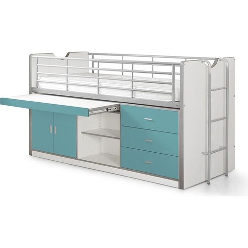 Hochbett Kalinda 207x96x116 Holzwerkstoff+Metall Weiß/Türkis