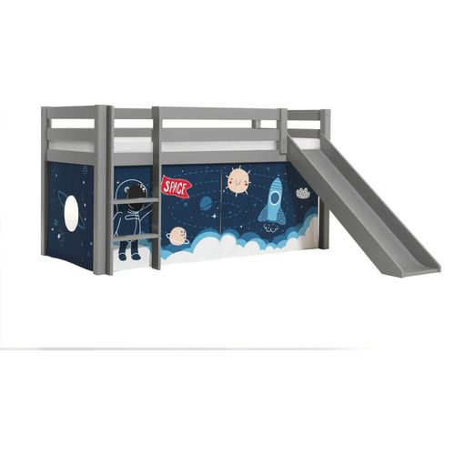 Kinderbett mit Rutsche Karolina Massivholz Grau Textilset Rakete