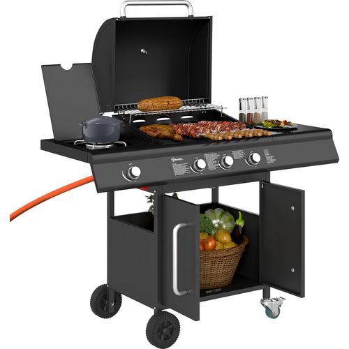 Outsunny Gasgrill 12,2 KW 3+1 Brenner BBQ Grillwagen aus Edelstahl inkl Rolle
