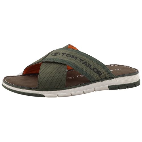 Pantolette TOM TAILOR, Herren, Gr. 43, grün (khaki), Lederimitat, Textil, casual, Schuhe, Sommerschuh, Schlupfschuh, Bequemschuh mit plakativem Logoschriftzug