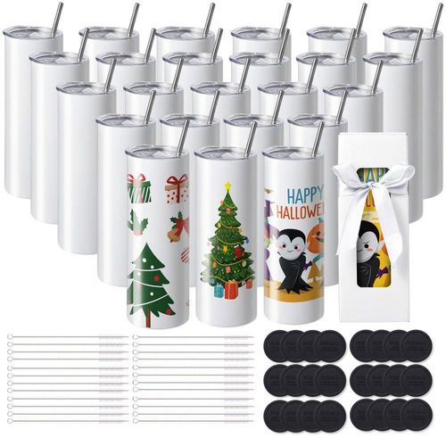 - 24er-Pack Sublimationsbecher, 20 oz, Blanko-Becher - Edelstahl-Doppelwandbecher - mit Strohhalm, Deckel, Bürste, Boden - Schrumpffolie - Geschenkbox - für Wärmepresse & Wärmeübertragung