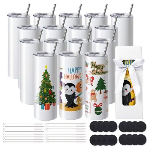 SM® - 16er-Pack gerade Sublimationsbecher - 20 oz Blanko-Becher - Edelstahl-Doppelwandbecher mit Strohhalm, Deckel, Bürste, Boden - Schrumpffolie - Geschenkbox - Wärmepresse und Wärmeübertragung geeignet