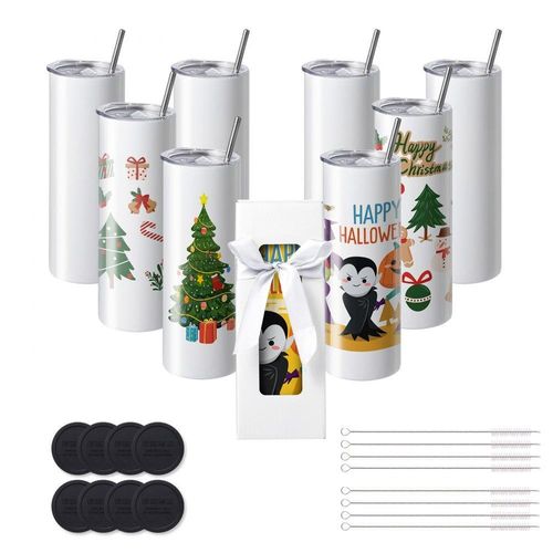 8er-Pack 20 oz Gerade Sublimationsbecher - Blanko-Becher aus Edelstahl mit Doppelwand, Strohhalm und Deckel - Inkl. Bürste, Boden, Schrumpffolie und Geschenkbox - Für Wärmepresse und Wärmeübertragung